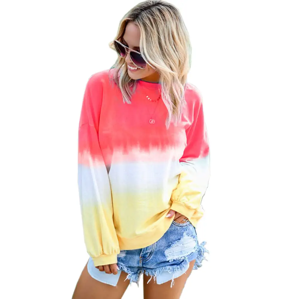 Womens Casual Gradient Long Sleeve T-Shirt Colorblock Block Tie Dye Printed Pullover 2