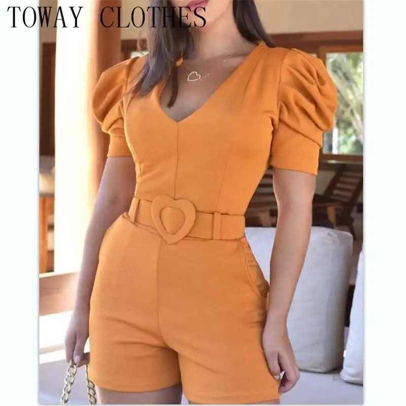 Summer Women Solid Short Sleeve V-Neck Puff Sleeve Pocket Design Romper With Belt
Summer Women Solid Short Sleeve V-Neck Puff Sleeve Pocket Design Romper With Belt