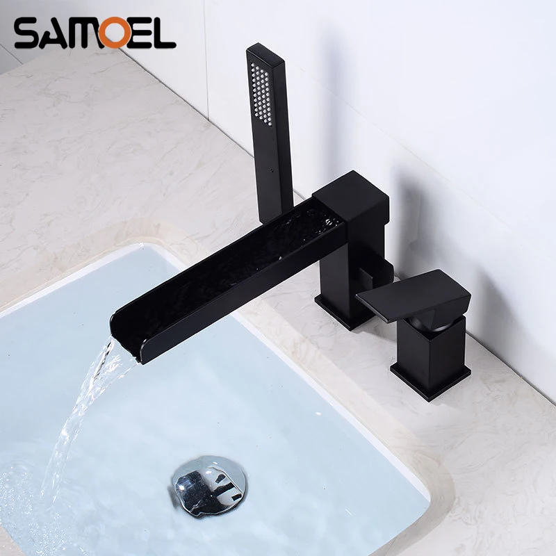 Industrial Style Brass Matte Black Deck-Mounted 3-Hole Square Bath tub Water Faucet Bathtub Waterfall Mixer Tap With Spray 
Industrial Style Brass Matte Black Deck-Mounted 3-Hole Square Bath tub Water Faucet Bathtub Waterfall Mixer Tap With Spray