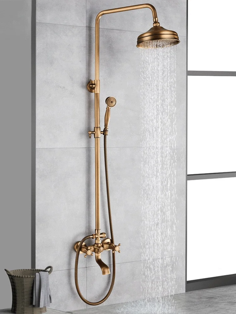 

POIQIHY Antique Shower Set Wall Bathroom Bath Shower Faucet Rainfall Brass Swivel Spout Mixer Tap Sliding Bar Shower System
