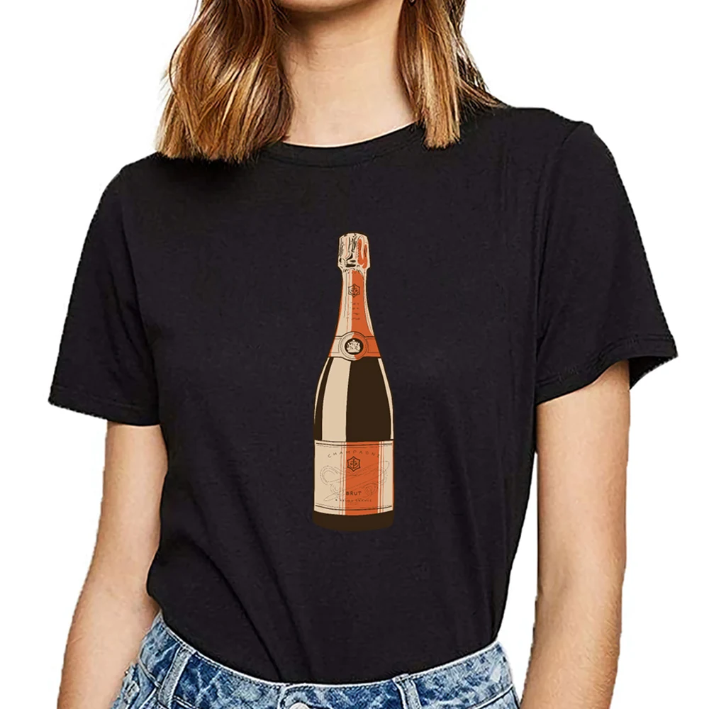 Фото Топы футболки для женщин цвета шампанского бутылка юмора белая хлопковая