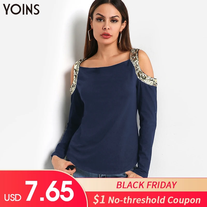 

YOINS 2019 Spring Autumn Winter Blouses And Shirts Gloss Sequins Square Neck Cutout Cold Shoulder Blouse Casual Regular Elegant