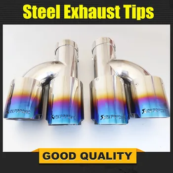 

Free Shipping: 1 Pair Blue Muffler Tip h shape Double exit Universal Stainless Exhaust Pipe Mufflers Multi-size For Akrapovic