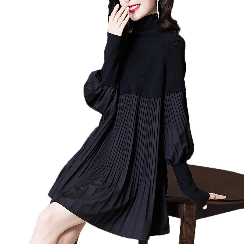 

Turtleneck Sweater Dress Female High Quality Splicing Black knitted Dress Autumn Winter Lantern Sleeve Casual Women's Dress W61