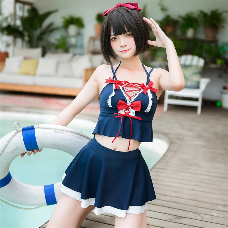 

Japanese Teen Girls Swimsuit Women 2021 Cute Anime Cosplay Bikini Costume 2 Pieces Swimwear Lolita Halter Bathing Suits Skirt