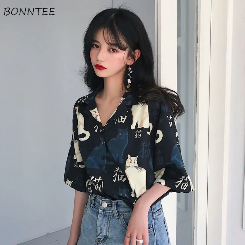 Blouses Women Vintage Cat Printed Korean Basic Loose Chic Design Ladies Shirts Daily College Street All-match Womens Blouse Top | Женская