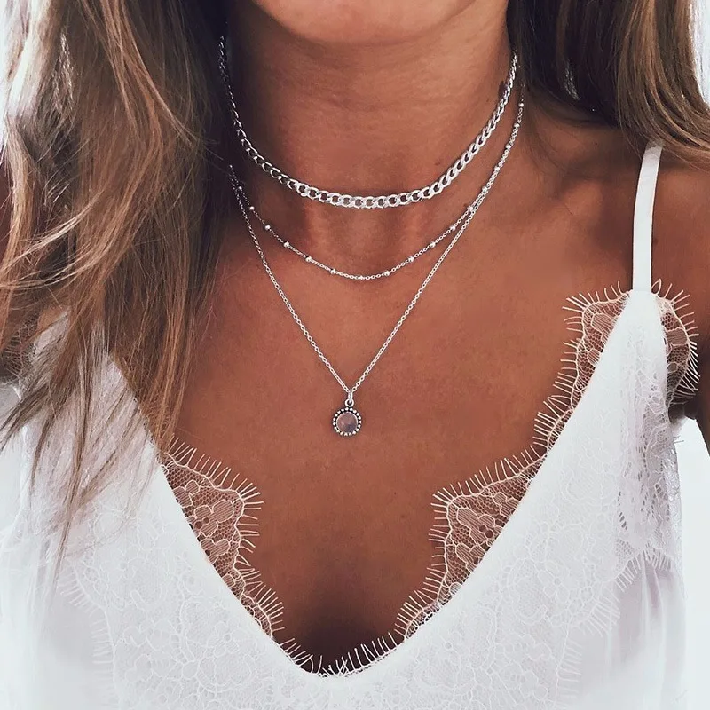 

Necklaces Multilayer Jewelry Womans Round Necklace Ladies Pendant Crystal Chain Lovers Silver Color Bohemia Stainless Naszyjnik