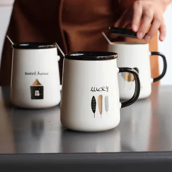 

Nordic Ceramic Mug Creative Simple Coffee Cup with Lid Scoop 420ml Large Capacity Household Drinking Cups Office Breakfast Mugs