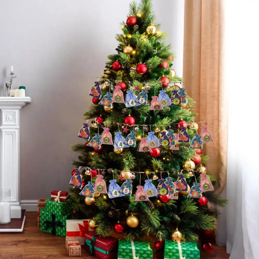 24pcs christmas advent calendar countdown bag hanging candy gift