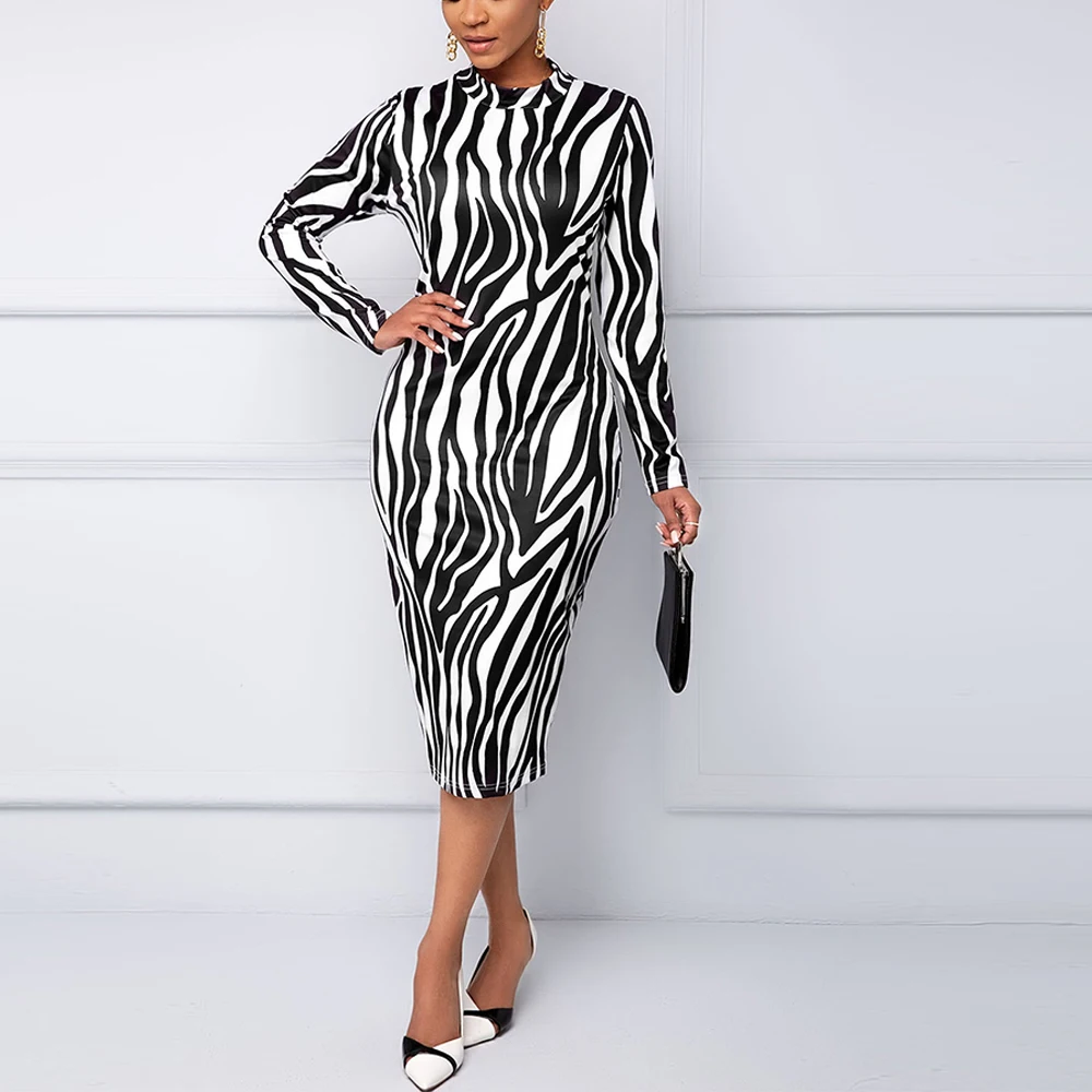 

MISSJOY Zebra Stripe Print Long Sleeve Bodycon Maxi Dress Autumn Casual Work Wear Party Club Pencil Dress Vestido Mujer Elegante