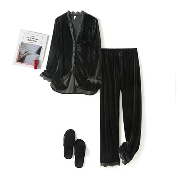 Women's Home Service Pajamas Set Gold Velvet Female long-Sleeve Sleepwear Lace Hot Sale Casual Night Gown Pijama Mujer New
Women's Home Service Pajamas Set Gold Velvet Female long-Sleeve Sleepwear Lace Hot Sale Casual Night Gown Pijama Mujer New