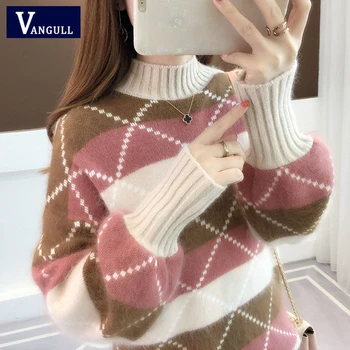 Vangull Half-Turtleneck Plaid Sweaters Contrast Color Knitted Pullover WinterLong Sleeve Thick Soft Warm Jumper Women Sweater 
Vangull Half-Turtleneck Plaid Sweaters Contrast Color Knitted Pullover WinterLong Sleeve Thick Soft Warm Jumper Women Sweater