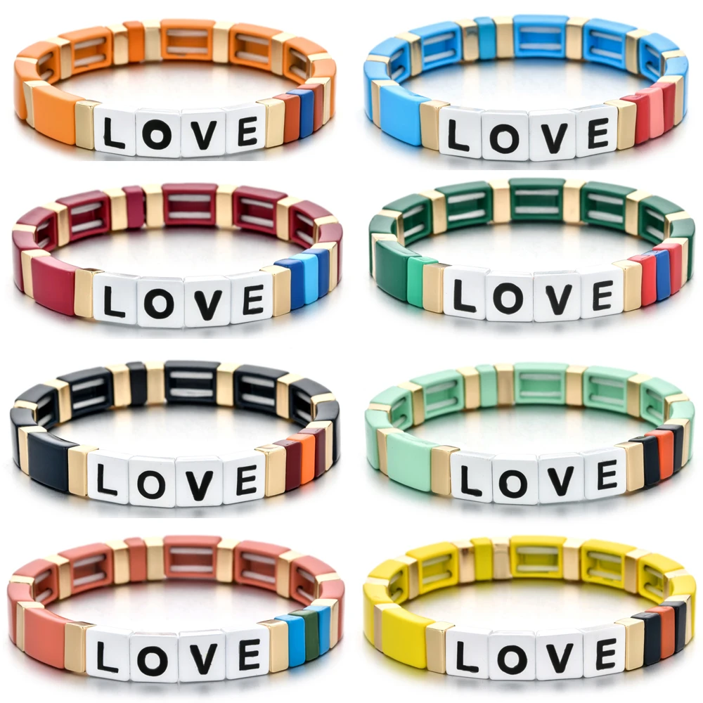 Wholesale Factory Outlet Letter LOVE Bohemia Style Handmade Enamel Rainbow Tile Bracelet Colorful Painted Metal Cuff Bracelet
Wholesale Factory Outlet Letter LOVE Bohemia Style Handmade Enamel Rainbow Tile Bracelet Colorful Painted Metal Cuff Bracelet