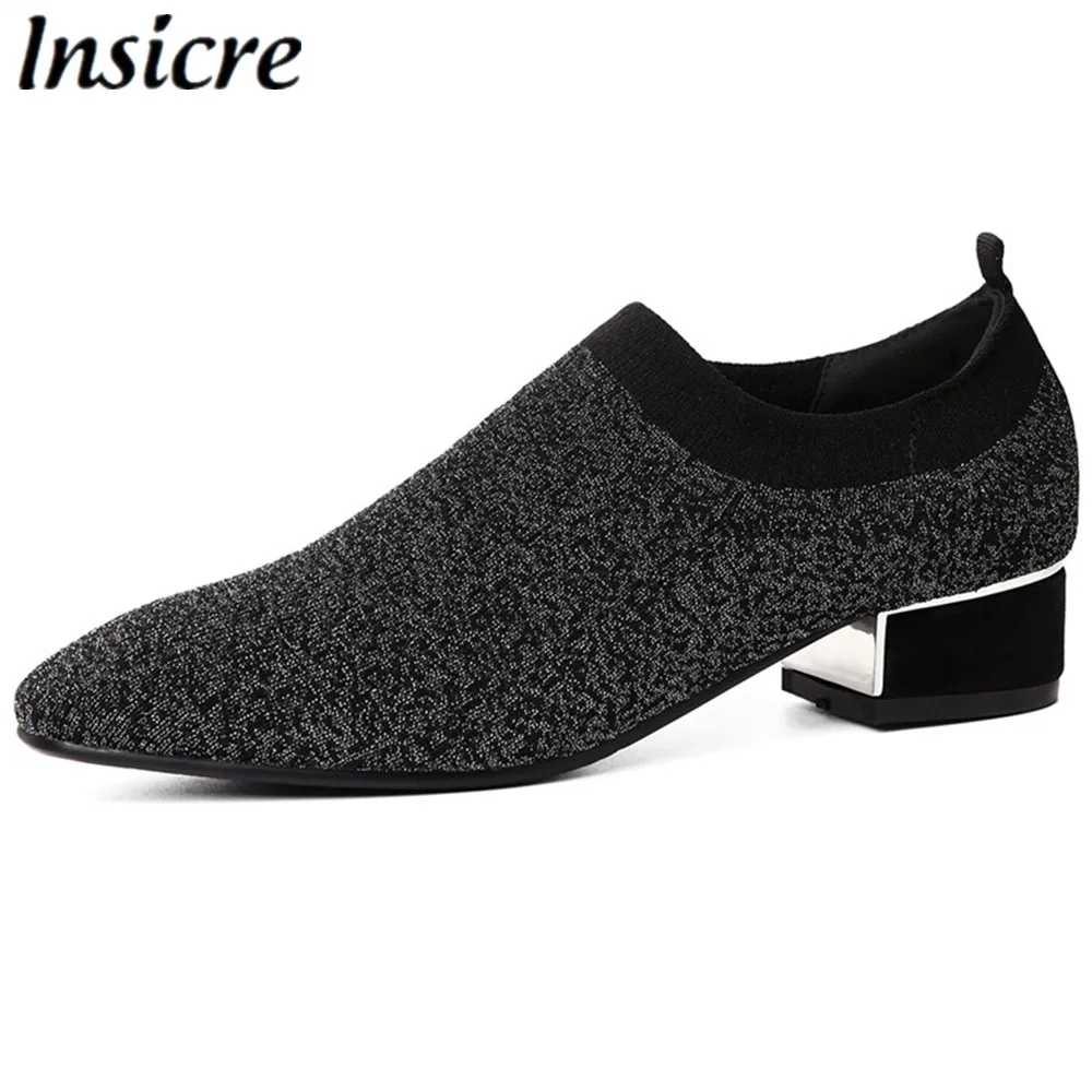 Insicre Women Pumps Woollen Low Heels 3.5 cm Square Toe Elasticity Female Casual Shoes Black Big Size 42 Thick Heel Spring