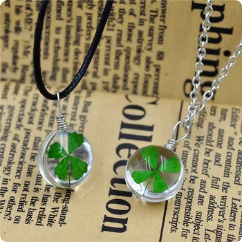 

Natural Dandelion Ellipse Clover Crystal NecklaceHandmade Dried Flowers Pendant Permanent Preservation Chains Jewelry Gor Women