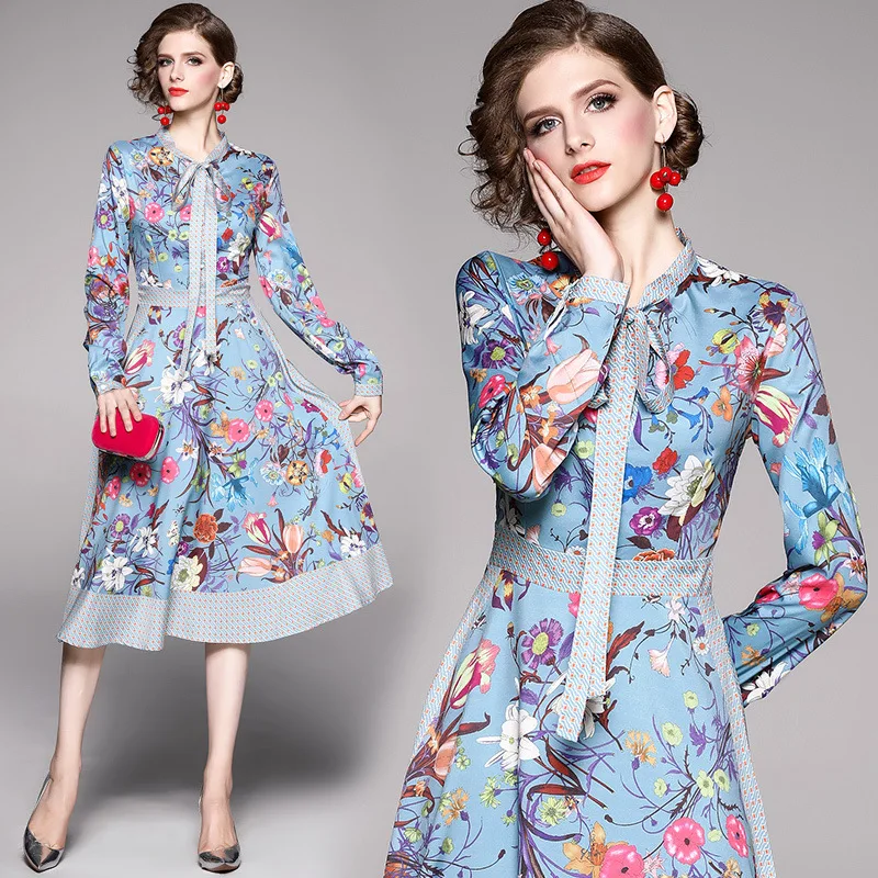 Photo Shoot 5846-Europe And America WOMEN'S Dress Lace-up Bow Collar Long Sleeve Waist Hugging Printed Debutante Elegant Dress 
Photo Shoot 5846-Europe And America WOMEN'S Dress Lace-up Bow Collar Long Sleeve Waist Hugging Printed Debutante Elegant Dress
