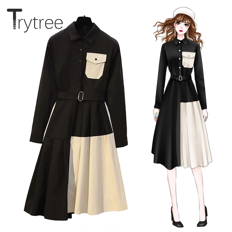 Trytree Autumn Winter Casual Woman Dress Turn-down Collar Belt Pockets Patchwork A-Line Apricot Hem Office Lady Shirt Dress
Trytree Autumn Winter Casual Woman Dress Turn-down Collar Belt Pockets Patchwork A-Line Apricot Hem Office Lady Shirt Dress