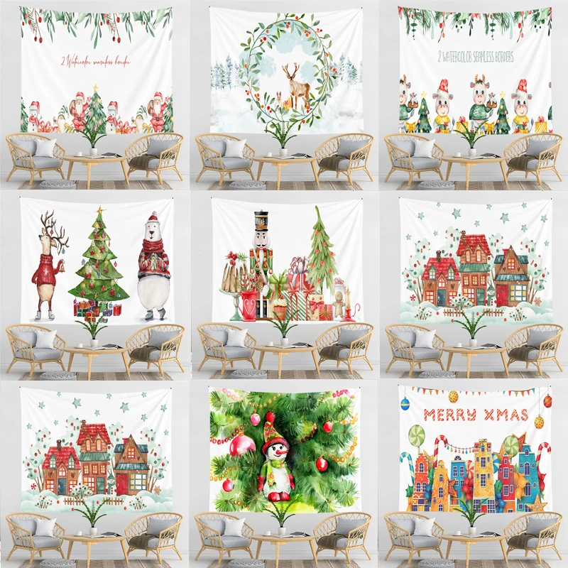 

Christmas Tapestry Wall Hanging Snowman Reindeer Tapestries Wall Cloth Merry Christmas Yoga Wall Hanging