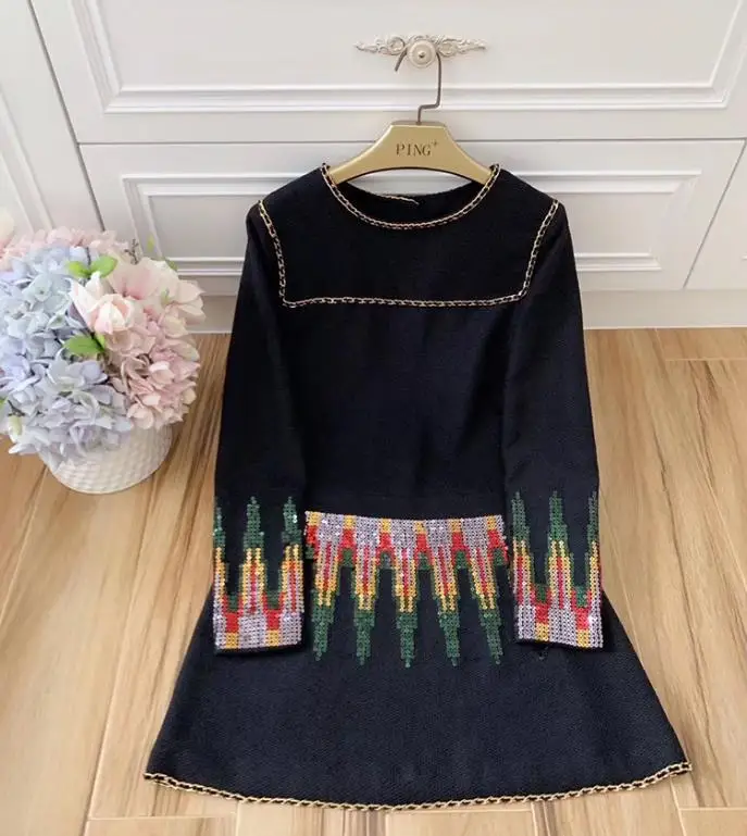 2019 осеннее женское винтажное мини-платье с длинным рукавом украшение блестки