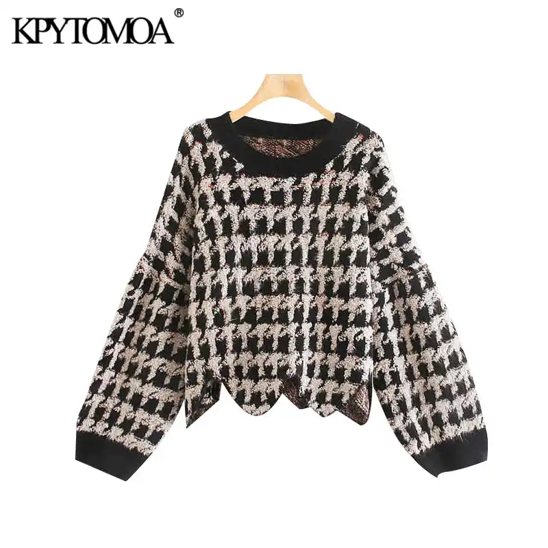 vintage sweet plaid oversized irregular knitted sweater women