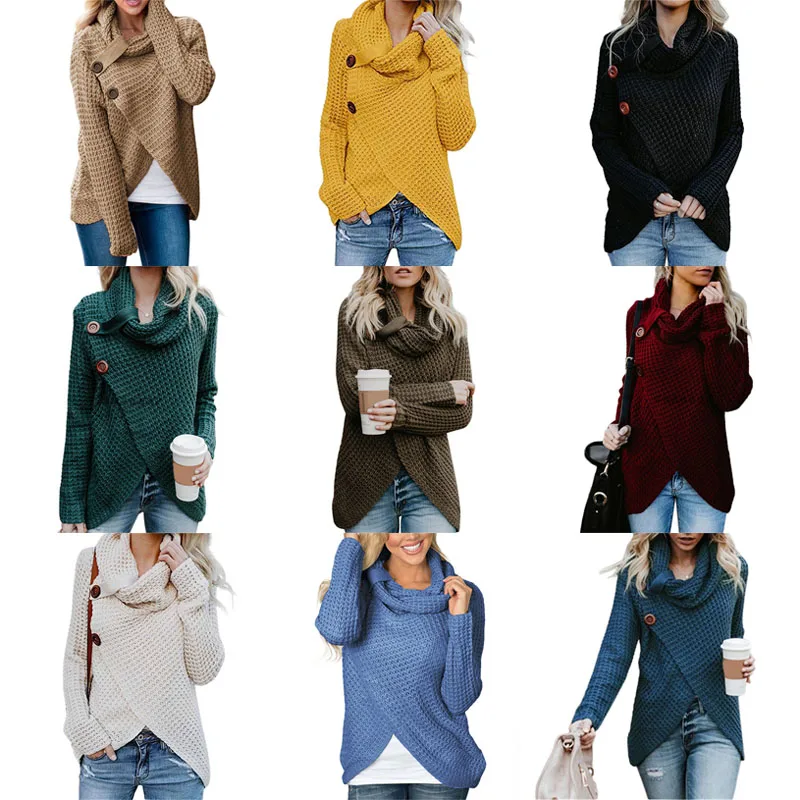 

Newly Women Knitted Sweater Long Sleeves Irregular Hem Button Loose Tops for Autumn IR-ing