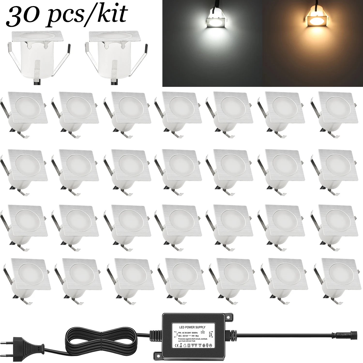 

30Pcs LED Deck Floor Recessed Lights Porch Paito Stairs Lamps With Power Supply Low Vottage 2*0.5M Cables RGB DC12V 0.6W IP67