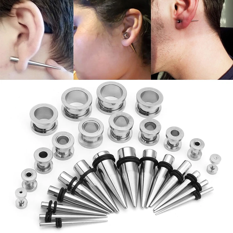 

36PCS Punk Ear Plugs and Tunnels Earring Piercing Kit Stainless Steel Flesh Taper Expander Stretching Set Body 0 Gauge Jewelry