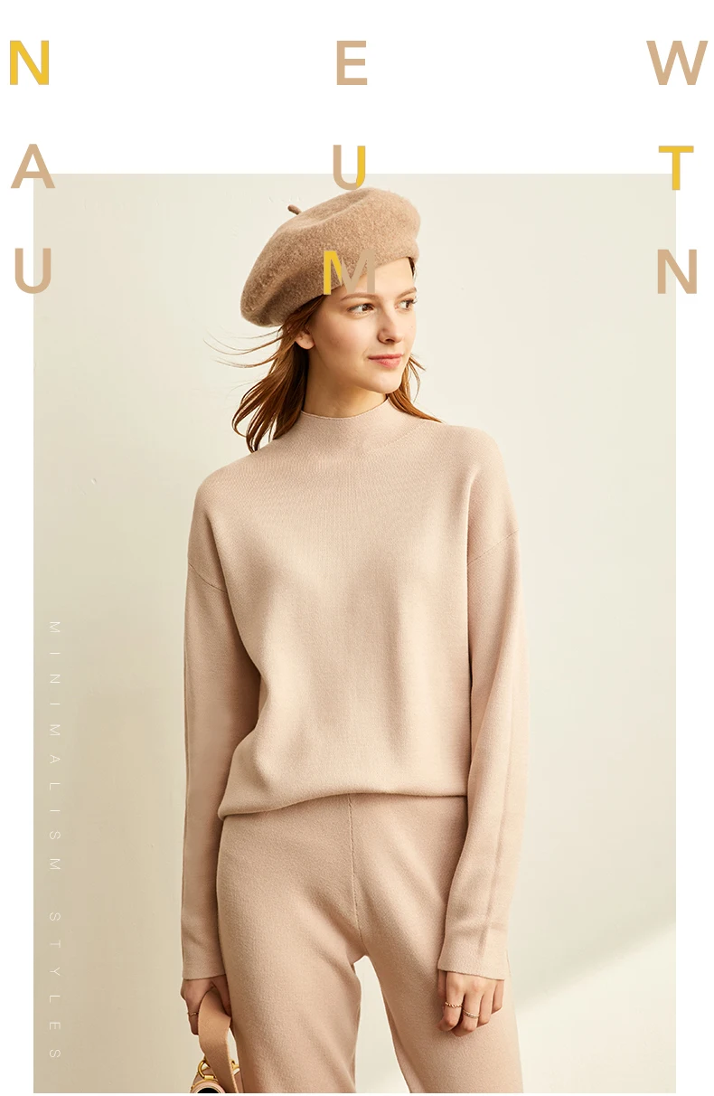 Amii minimalist Korean fashion knitting suit womens new half high neck sweater soft knit pant 11940516