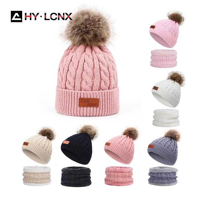 Зима 2021 детская вязаная шапка и шарф шапочка с помпоном для детей шапки девочек