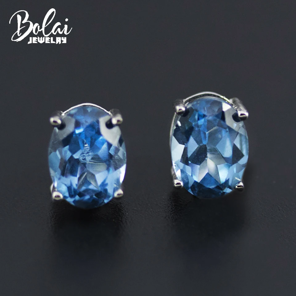 

Bolai London blue topaz stud earrings real 925 sterling silver created oval gemstone jewelry for women girl simple bacis style