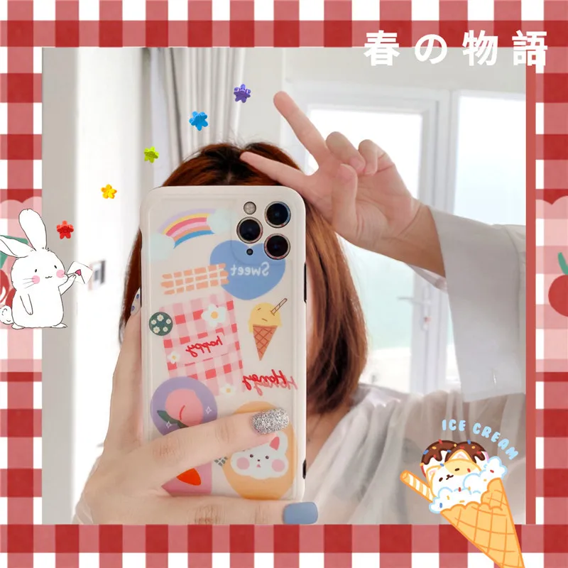 iPhone 8 Case X Cover Cartoon Bear Rabbit IMD 11 Pro Max SE 2020 xr XS Phone shells Women's Bumpers | Мобильные телефоны и