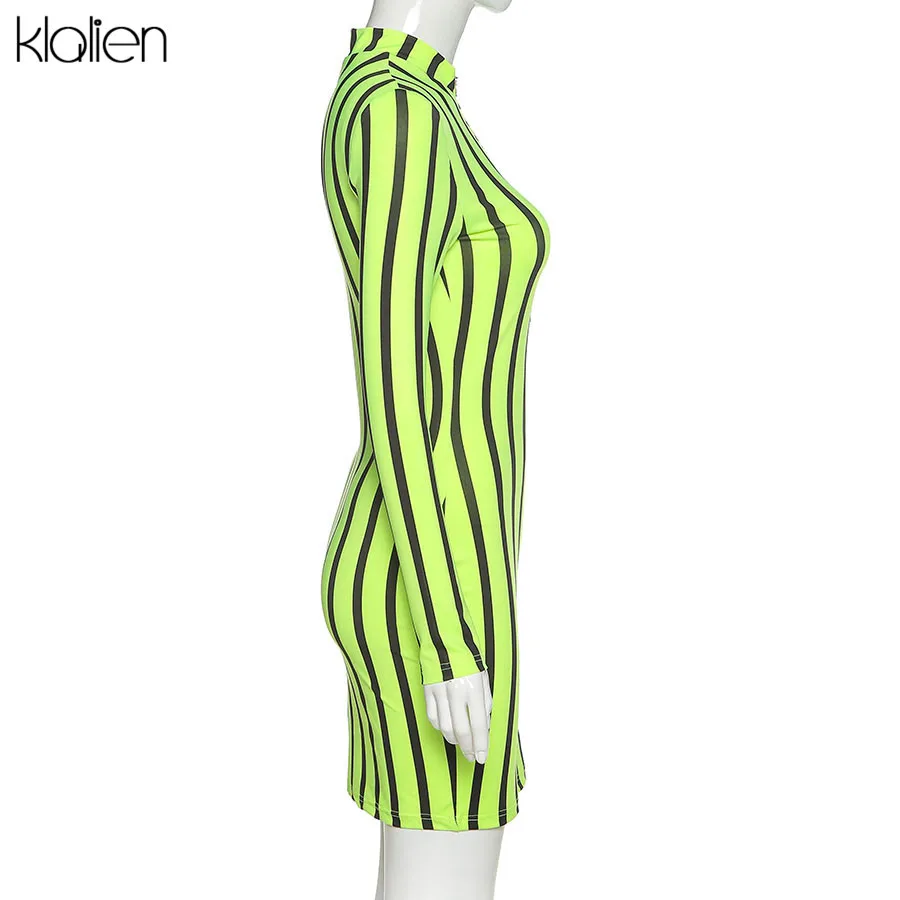 KLALIEN spring fall long sleeve turtleneck zipper fashion casual dress women high street striped mini bodycon dress 2020 new