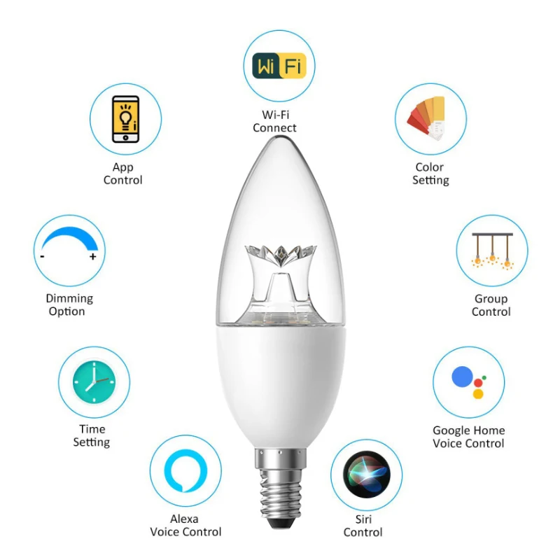 6W RGBW Smart WIFI LED Bulb E14 E27 Smart App Remote Dimming Toning Crystal Candle Bulb Alexa Compatible Voice Control
6W RGBW Smart WIFI LED Bulb E14 E27 Smart App Remote Dimming Toning Crystal Candle Bulb Alexa Compatible Voice Control