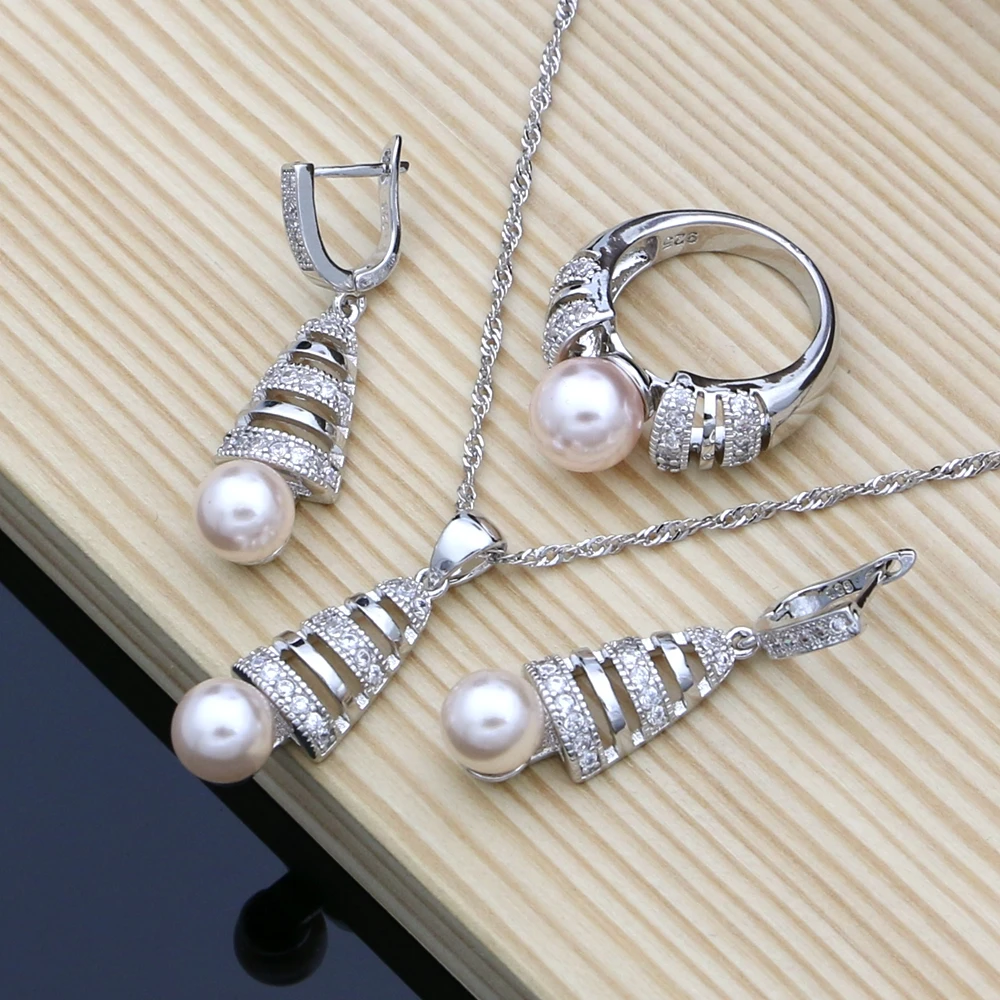 Pink Pearls Bead Bridal Jewelry Sets White Zircon 925 Silver Jewelry Kits For Women Party Earrings Stone Ring 4PCS (2)