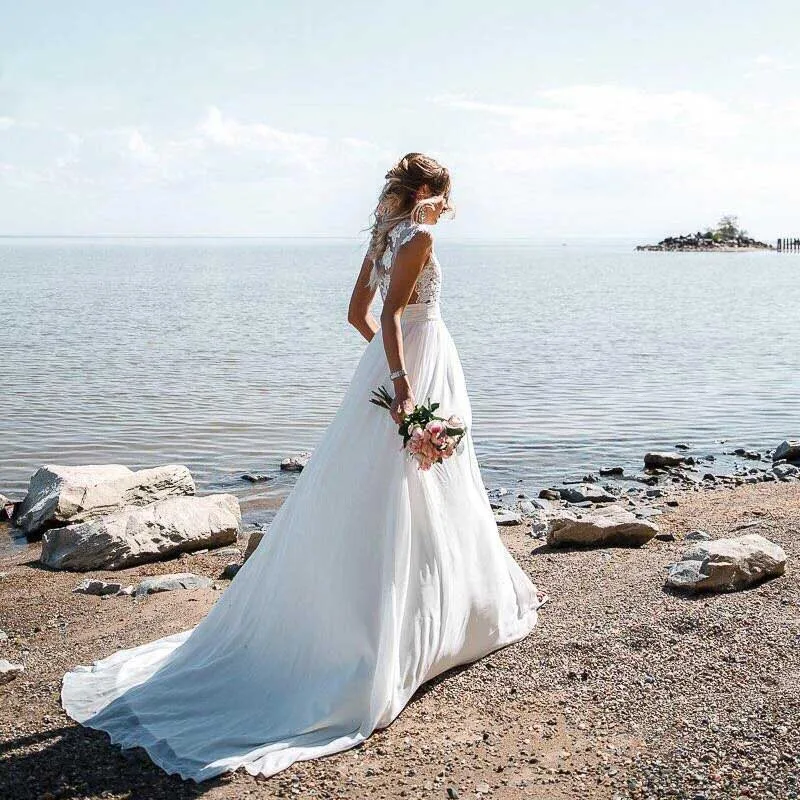Vestido De Noiva Chiffon Beach Wedding Dresses 2020 See Through Back Boho Wedding Gown Appliques Split Country Bridal Gown (5)