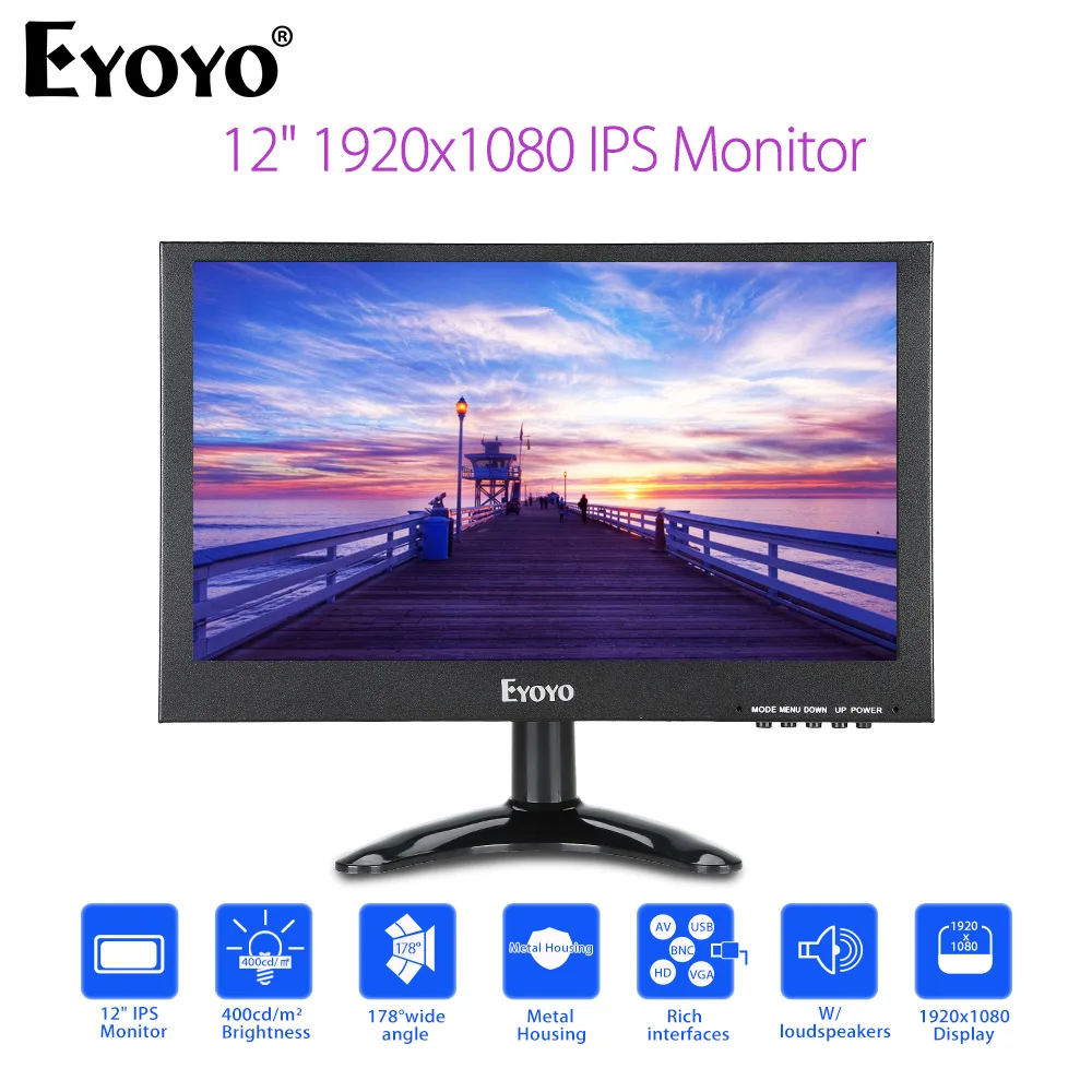 EYOYO EM12G 12 дюймов IPS компьютерный ТВ монитор FHD 1920x1080 ЖК-экран с VGA BNC AV USB Specker для ПК CC