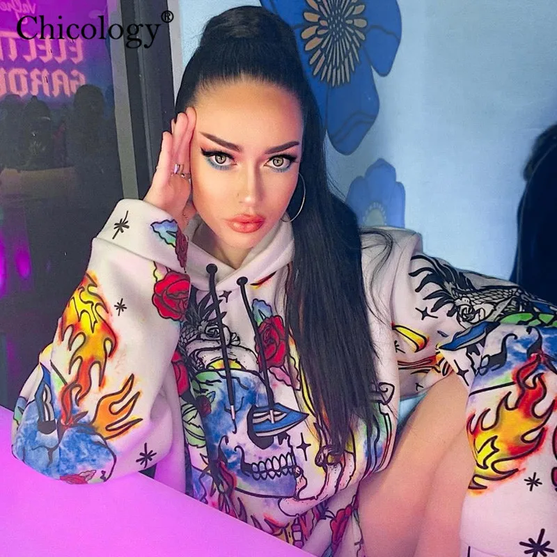 Chicology Skull Fire Y2K Готический большой уличная Толстовка 2020 зима осень с капюшоном Топ