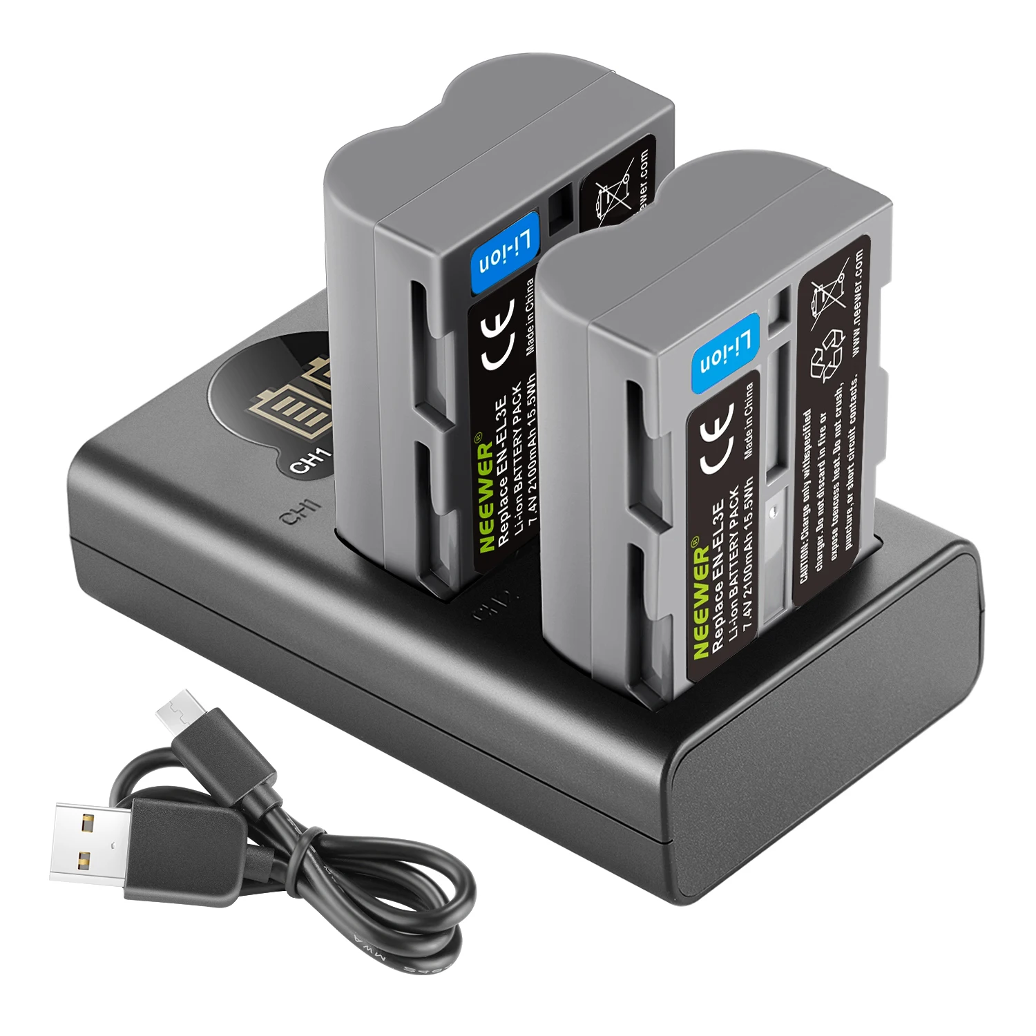 Neewer 2 Packs 2100mAh Battery Replacement for Nikon EN-EL3e Battery and Dual USB Charger with LCD Display
Neewer 2 Packs 2100mAh Battery Replacement for Nikon EN-EL3e Battery and Dual USB Charger with LCD Display