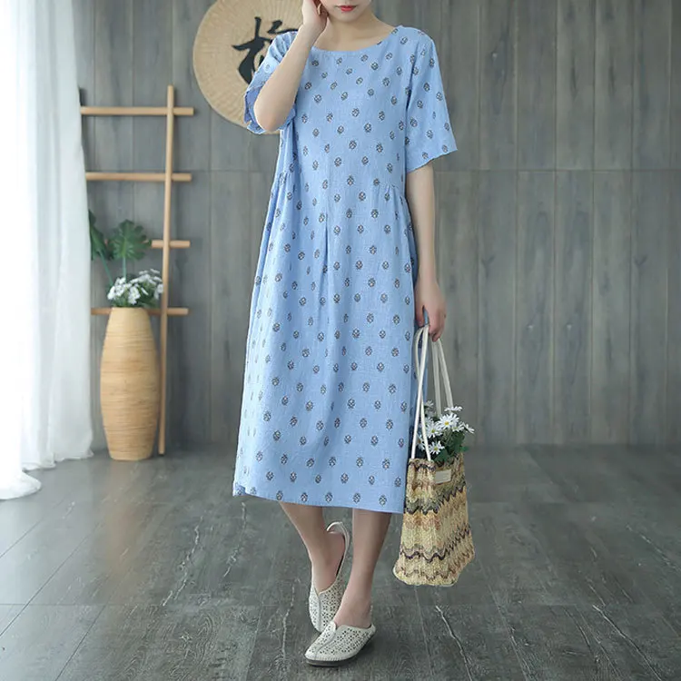2019 Summer New Style Literature And Art Printed Crew Neck Short-sleeve Dress Women's Cotton Linen Medium-length Dress Bicolor
2019 Summer New Style Literature And Art Printed Crew Neck Short-sleeve Dress Women's Cotton Linen Medium-length Dress Bicolor