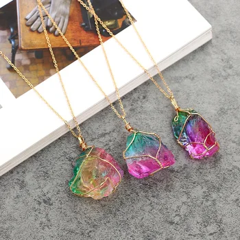 Irregular Natural Rainbow Stone Healing Quartz Crystal Pendant Necklace Full Gold Wire Wrapped with Metal Chain Randomly 
Irregular Natural Rainbow Stone Healing Quartz Crystal Pendant Necklace Full Gold Wire Wrapped with Metal Chain Randomly