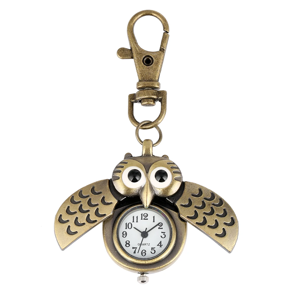 

Cute Owl Key Chain Ring Pocket Watch for Women Simple White Dial with Arabic Numerals Clock Men Bronze Accessory Gift zakhorloge