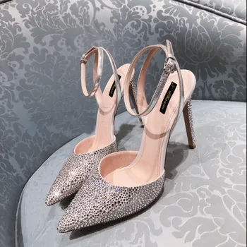 

kmeioo fashion glitter ankle strap sandals bride shoes woman closed toe high heels sliver bling thin heel slingback pumps