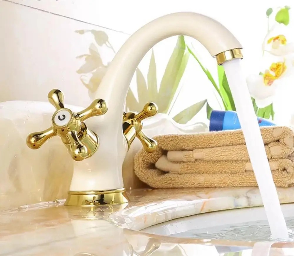 European style Basin Faucet Golden Plate dual handle Bathroom Sink Faucet Deck Mounted white Cold Sink Faucet Mixer Tap
European style Basin Faucet Golden Plate dual handle Bathroom Sink Faucet Deck Mounted white Cold Sink Faucet Mixer Tap