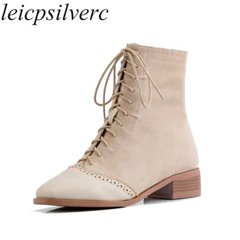 Women's Boots Spring Autumn High Heel Cowhide Flock Square Toe Lace Up Ankle Patchwork 2019 New Sexy Fashion Casual Black Beige 
Women's Boots Spring Autumn High Heel Cowhide Flock Square Toe Lace Up Ankle Patchwork 2019 New Sexy Fashion Casual Black Beige