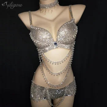 Ailigou Silver Full Rhinestone Pearl Beaded Bra Short Set Women Dancer Bar Show Bikini Wear Prom Party Costume Outfit Set 
Ailigou Silver Full Rhinestone Pearl Beaded Bra Short Set Women Dancer Bar Show Bikini Wear Prom Party Costume Outfit Set