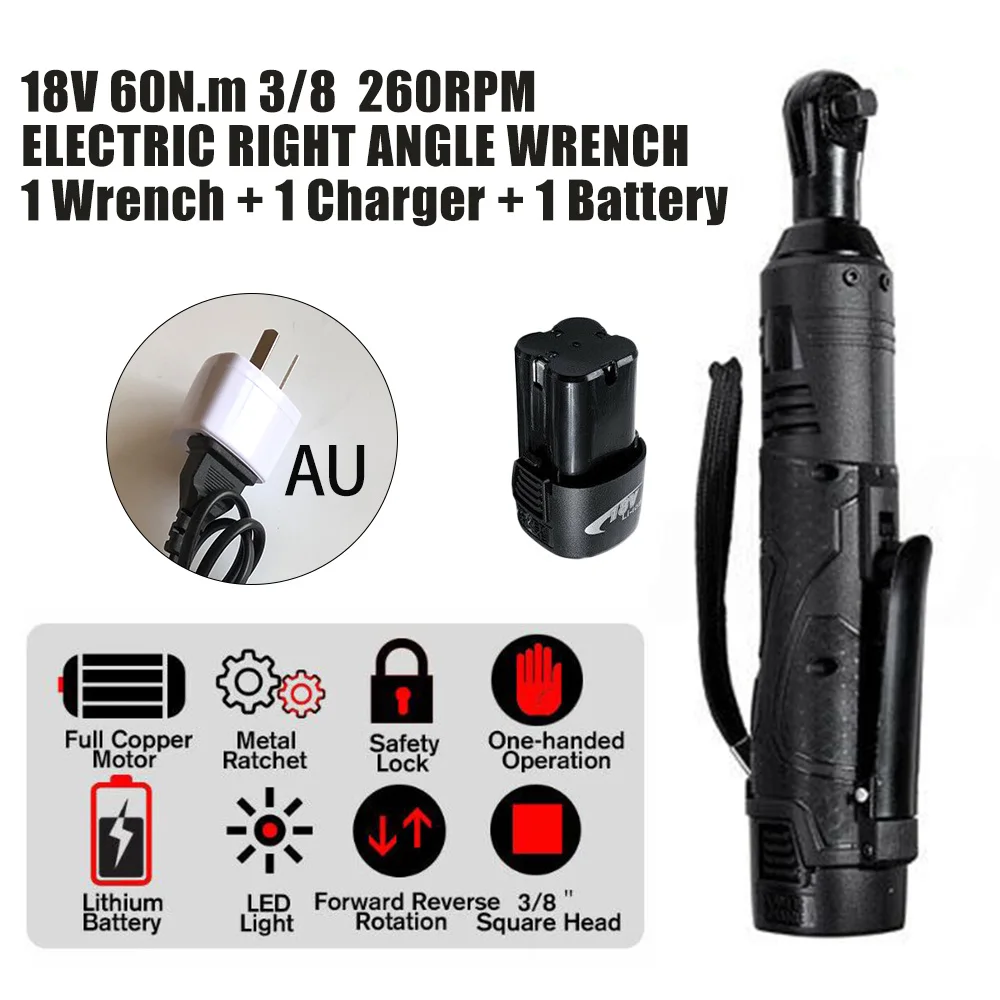LED Work Light Design 18V 60N.m 260RPM 3/8in Cordless Electric Right Angle Ratchet Wrench W/ Battery