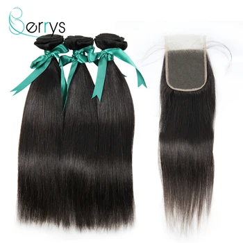 

Berryshair Peruvian Virgin Hair Straight 3PCS Bundles with Lace Closure 4x4/5x5/6x6 Free Part Unprocessed Hair Extension Wefts