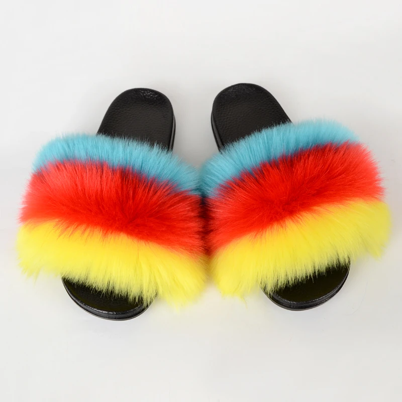 

New Fluffy Faux Fur Slides Women Fur Slippers Furry Raccoon Sandals Fake Fox Fur Flip Flops Home Fuzzy Woman Casual Plush Shoes