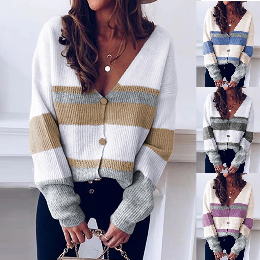 Fashionable new color matching knitted sweater V-neck button stripe splicing Cardigan Sweater Cardigan
Fashionable new color matching knitted sweater V-neck button stripe splicing Cardigan Sweater Cardigan