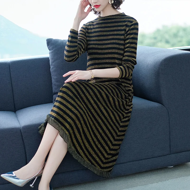 2019 Autumn New Style Crew Neck Stripes Loose-Fit Dress Women's Long Knitted Base Skirt Burst
2019 Autumn New Style Crew Neck Stripes Loose-Fit Dress Women's Long Knitted Base Skirt Burst